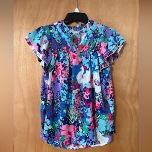 Floral Smocked Flutter Sleeve Blouse Colorful Boho Top | P2P 19’